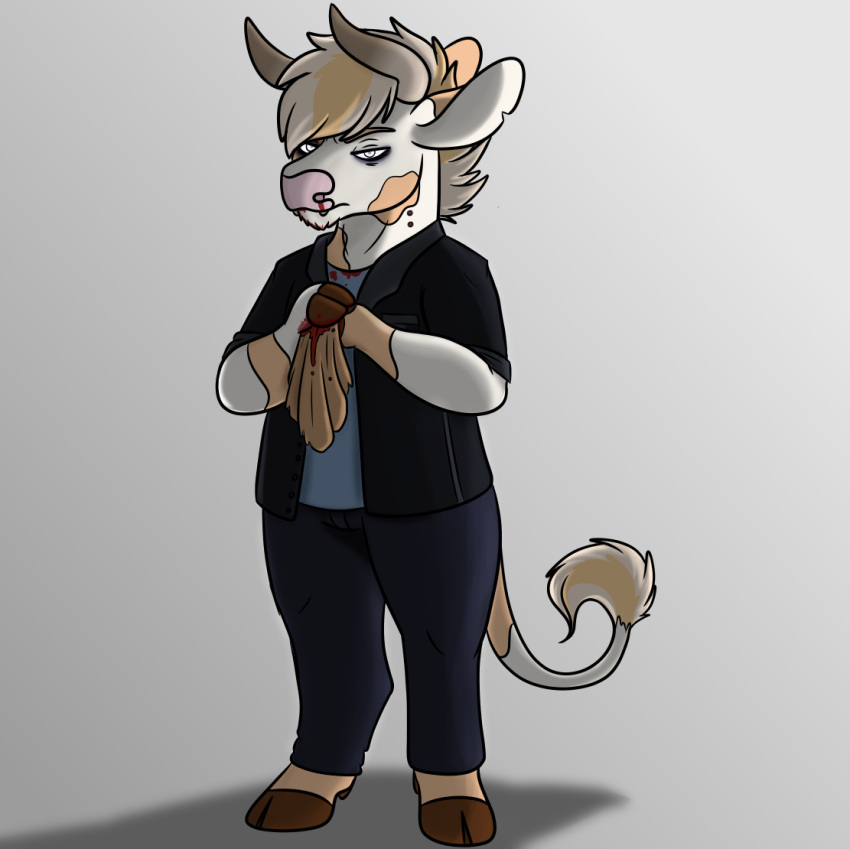 2019 anthony_(goldiescales) anthro black_clothing black_shirt black_topwear blood bodily_fluids bottomwear bovid bovine brown_hooves cattle clothing goldiescales grey_background hooves horn mammal pants pink_nose shirt simple_background topwear trans_(lore) trans_man_(lore)
