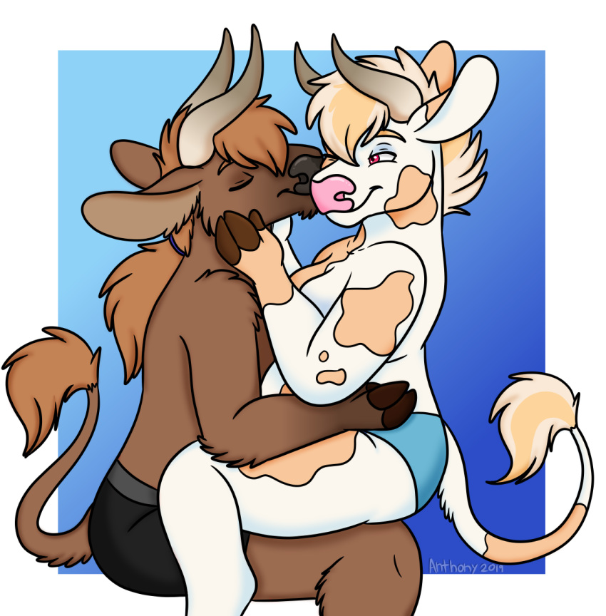 2019 anthony_(goldiescales) anthro black_nose blue_background border bovid bovine breasts cattle duo female goldiescales hi_res kissing male mammal pink_nose simple_background smile trans_(lore) trans_man_(lore) white_border