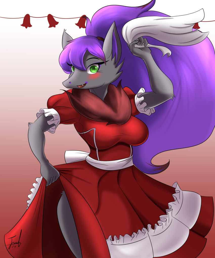 absurd_res anthro breasts clothing dress elizabeth_(jmf) female green_eyes hair handkerchief happy hi_res jmf kerchief long_dress looking_at_viewer nintendo pok&eacute;mon pok&eacute;mon_(species) purple_hair smile solo video_games zoroark