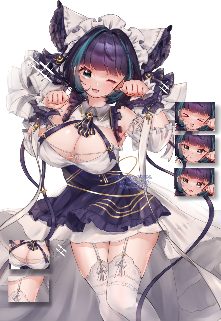 1girl absurdres animal_ears aqua_hair azur_lane bare_shoulders breasts cat_ears cheshire_(azur_lane) cleavage detached_sleeves dress expressions fake_animal_ears fang frilled_hairband frills garter_straps hairband highres large_breasts looking_at_viewer nya_nyan one_eye_closed paw_pose puffy_detached_sleeves puffy_short_sleeves puffy_sleeves purple_apron purple_hair shiny shiny_skin short_sleeves simple_background skin_fang solo thighhighs thighs white_background white_dress white_legwear wrist_cuffs