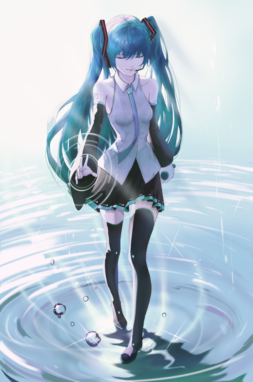 1girl absurdres black_footwear black_skirt black_sleeves blue_hair blue_neckwear boots closed_eyes closed_mouth collared_shirt detached_sleeves dress_shirt floating_hair full_body grey_shirt hair_ornament hatsune_miku headphones headset highres holding holding_microphone illua long_hair long_sleeves microphone miniskirt necktie pleated_skirt shiny shiny_hair shirt skirt sleeveless sleeveless_shirt smile solo standing thigh_boots thighhighs twintails very_long_hair vocaloid water_surface wing_collar zettai_ryouiki