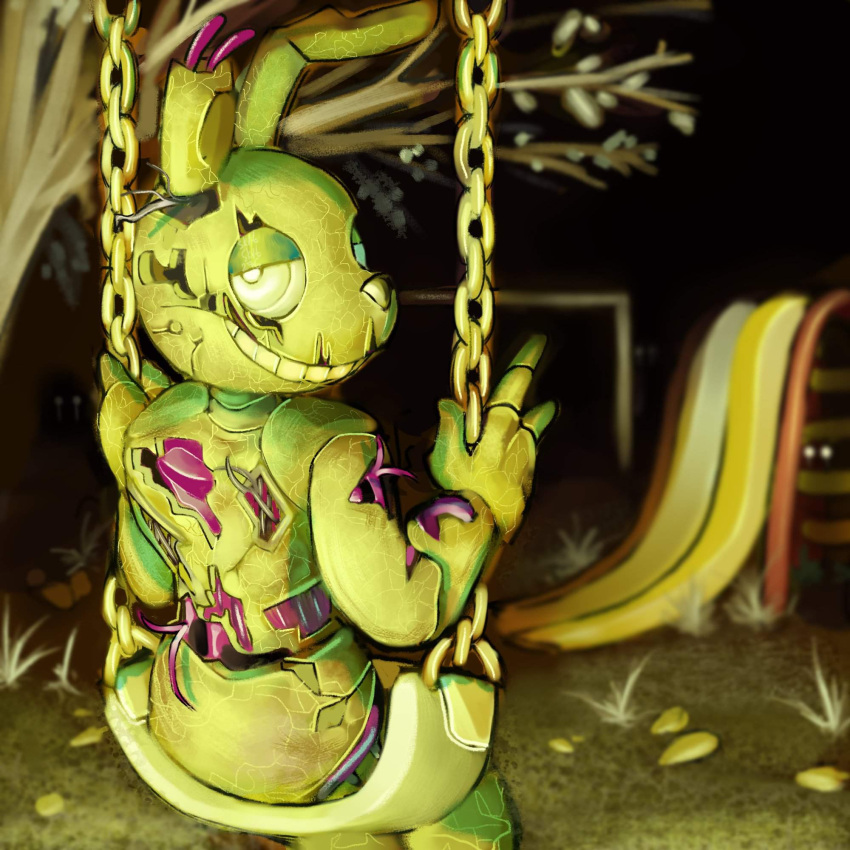 1:1 2020 ambiguous_gender animatronic anthro black_body bodily_fluids chain crying crying_child_(fnaf) five_nights_at_freddy's five_nights_at_freddy's_3 ghost glowing glowing_eyes grass group half-closed_eyes hi_res lagomorph leporid long_ears looking_at_viewer looking_back machine male mammal narrowed_eyes notched_ear outside park plant playground rabbit robot shadow sitting skrtskrt276 sky slide smile soulless_eyes spirit springtrap_(fnaf) swing swingset tears teeth torn_arm torn_body torn_face torn_head tree video_games white_eyes wire yellow_body yellow_ears yellow_eyes yellow_nose