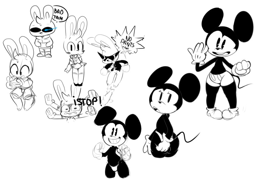 anthro ciavs clothing disney eyewear gloves group handwear hi_res humanoid lagomorph leporid male mammal mickey_mouse rabbit sketch sketch_page solo sunglasses thong underwear