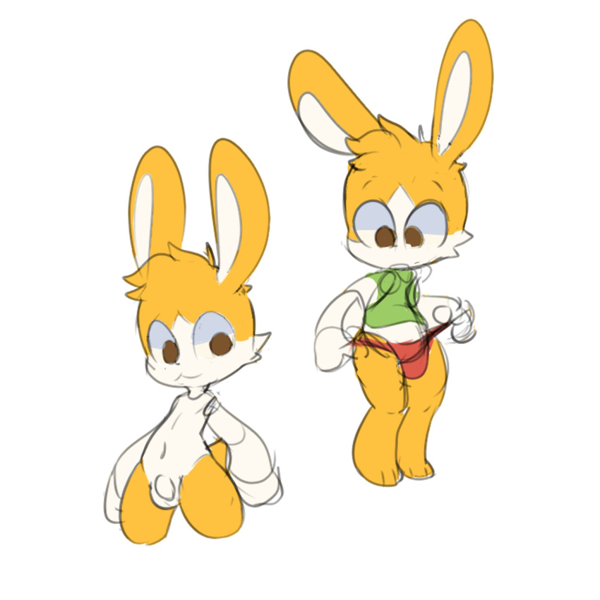 anthro balls ciavs clothing genitals hi_res humanoid lagomorph leporid male mammal penis rabbit shirt simple_background solo thong topwear underwear