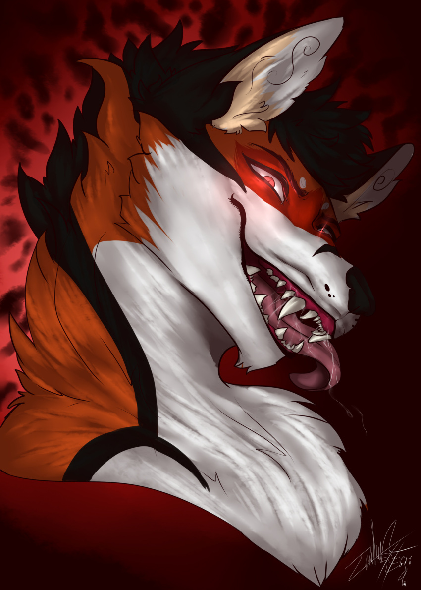 absurd_res anthro black_hair bodily_fluids canid canine evil_face fox fur hair head_markings headshot_portrait hi_res male mammal markings portrait red_body red_eyes red_fur redrick saliva saliva_on_tongue showing_teeth smiling_at_viewer solo tongue tongue_out unknown_artist