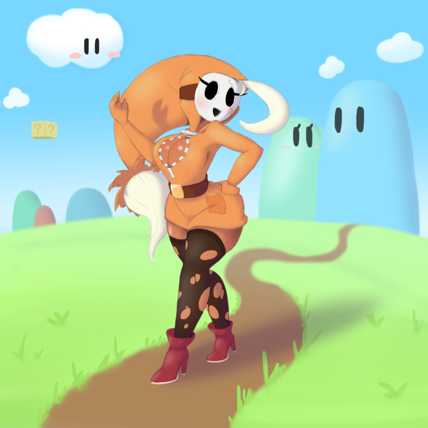 belt bit-small boots breasts cleavage clothed clothing cloud colored eyelashes female footwear grass hair hand_on_hip hi_res hill hood humanoid landscape leggings legwear looking_aside mario_bros mask nintendo orange_clothing path plant question_block shaded shadow shyguy simple_eyes sky smile solo tatters thigh_highs topwear video_games white_hair zipper