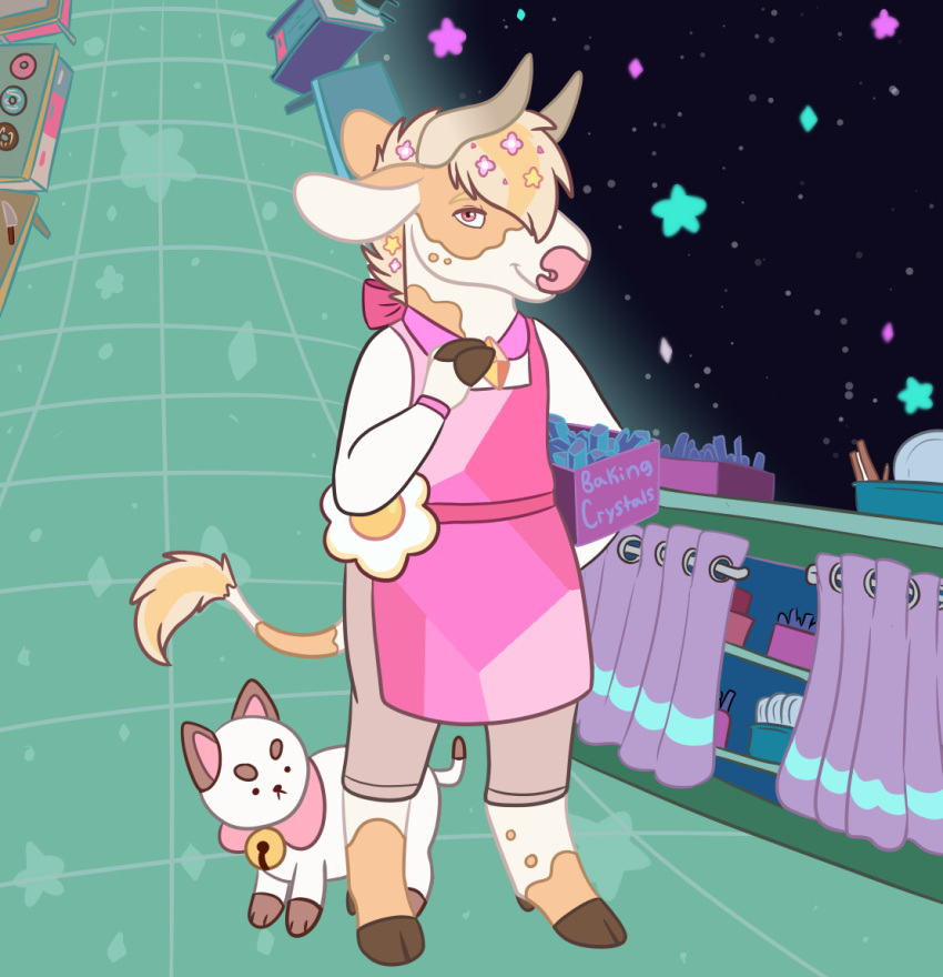 2018 anthony_(goldiescales) anthro apron bee_and_puppycat bell bovid bovine brown_hooves cartoon_hangover cattle clothing dessert doughnut feral food goldiescales hooves horn mammal pink_apron pink_nose puppycat star trans_(lore) trans_man_(lore)