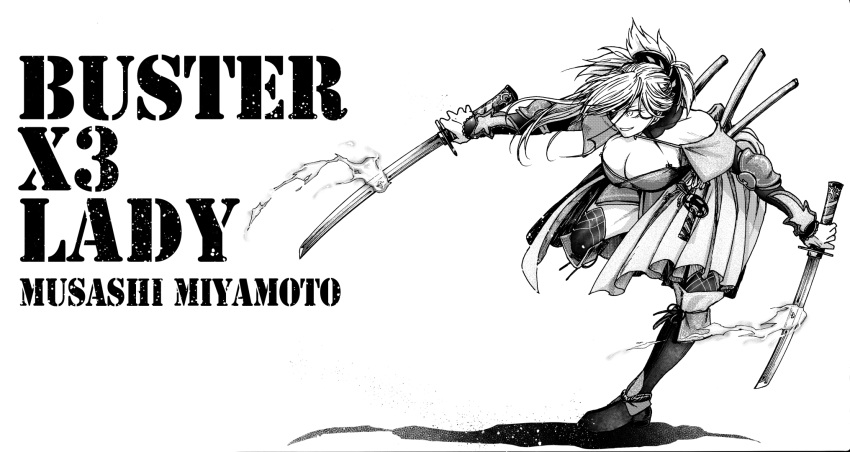 1girl breasts cleavage dual_wielding fate/grand_order fate_(series) greyscale highres holding katana koyubi_(littlefinger1988) large_breasts looking_to_the_side miyamoto_musashi_(fate) monochrome shaded_face sheath sheathed sword thighhighs weapon