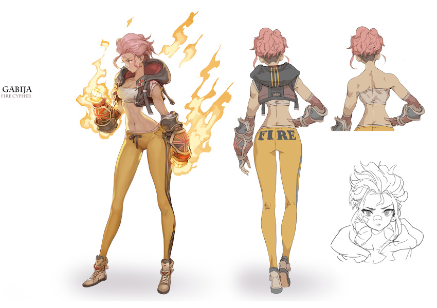 1girl armor back bandaid bandaid_on_face bandaid_on_nose bare_shoulders breasts character_name character_sheet cleavage clenched_hands closed_mouth english_text fire flame flaming_hand gauntlets gd_choco green_eyes hand_on_hip highres hood hood_down navel original pants pink_hair shoes short_hair simple_background sketch sneakers standing sweatpants white_background