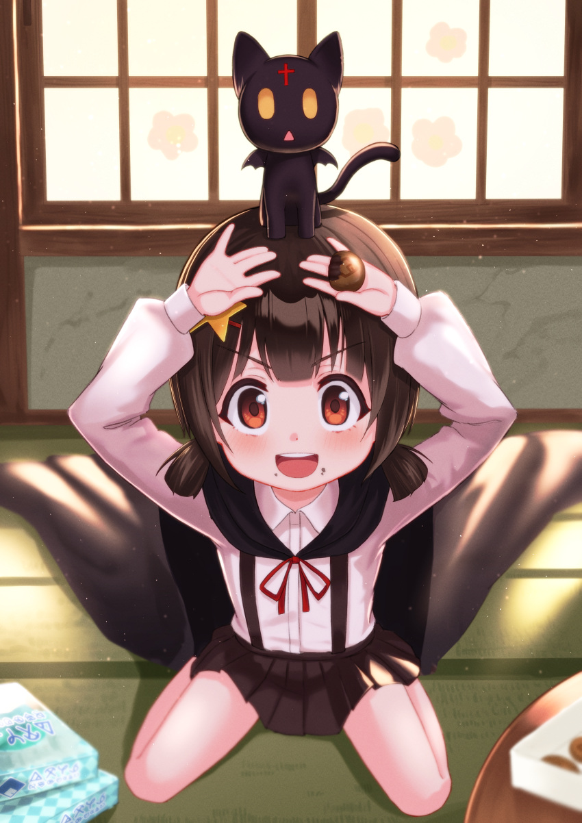 1girl :d absurdres animal_on_head arms_up bangs black_cape black_cat black_skirt blunt_bangs blush brown_hair cape cat child chomusuke collared_shirt commentary_request cookie eyebrows_visible_through_hair food foreshortening from_above full_body hair_ornament hands_on_own_head highres holding holding_food huge_filesize indoors komekko kono_subarashii_sekai_ni_shukufuku_wo! long_sleeves looking_at_viewer low_twintails miniskirt on_head open_mouth pleated_skirt red_eyes shadow shirt short_hair sidelocks sitting skirt smile solo_focus star_(symbol) star_hair_ornament suspender_skirt suspenders table tatami toketa_(toketa15) twintails upper_teeth wariza white_shirt window window_shade