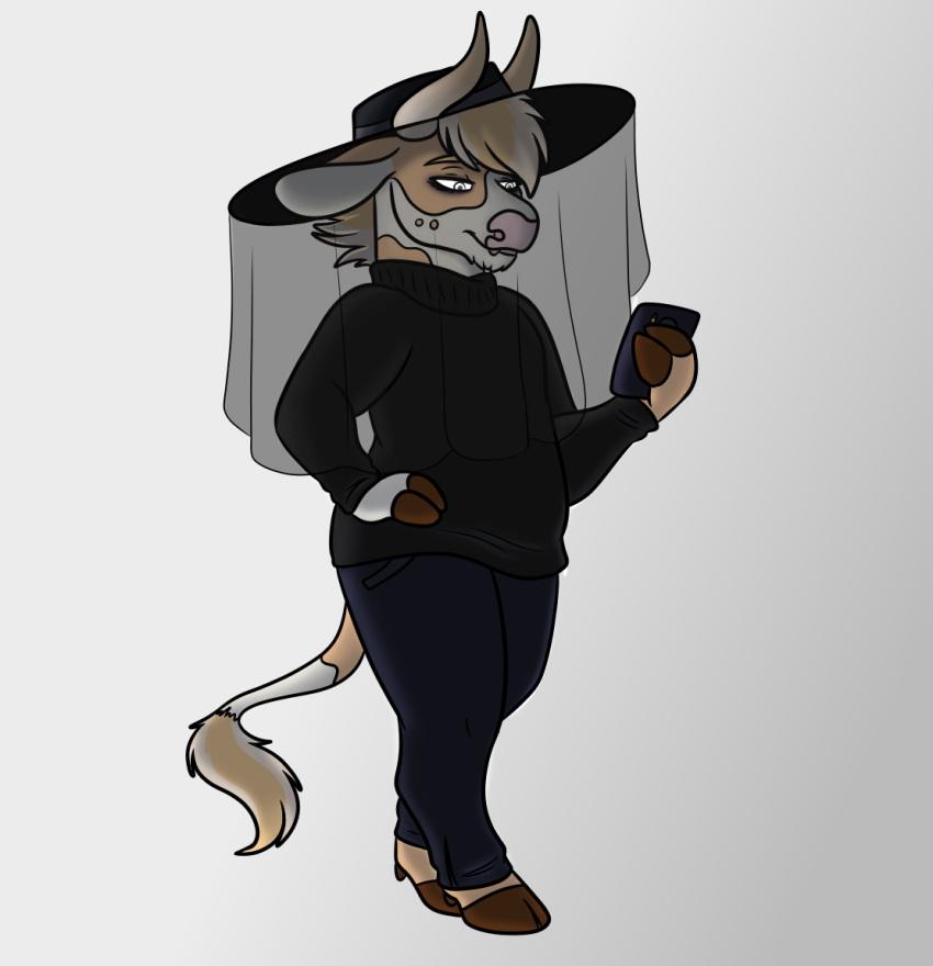 2019 ambiguous_gender anthony_(goldiescales) anthro black_clothing black_sweater black_topwear bottomwear bovid bovine brown_hooves cattle cellphone clothed clothing fully_clothed goldiescales hat headgear headwear holding_object holding_phone hooves mammal pants phone simple_background smartphone solo standing sweater topwear trans_(lore) trans_man_(lore) white_background