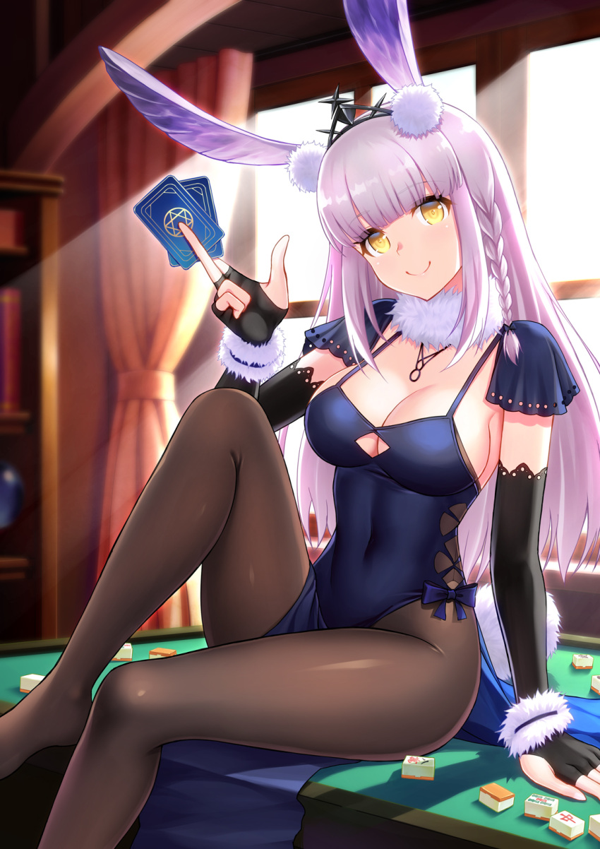 1girl animal_ears arm_at_side bangs between_fingers black_gloves blue_dress blunt_bangs blush breasts brown_legwear bunny_ears bunny_girl bunny_tail card cleavage closed_mouth covered_navel curtains dress elbow_gloves eyebrows_visible_through_hair fingerless_gloves fur_collar gloves highres holding holding_card indoors kaavi knee_up kuri_(kurigohan) long_hair looking_at_viewer mahjong mahjong_soul mahjong_table mahjong_tile medium_breasts on_table pantyhose pelvic_curtain pink_hair sitting sleeveless sleeveless_dress smile solo straight_hair table tail tottemo_e_mahjong_plus very_long_hair window yellow_eyes