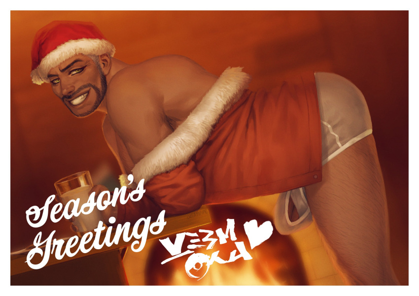 1boy bara bare_pecs beard blurry blurry_background boxer_briefs bulge character_request chimney christmas cup dark_skin dark_skinned_male erection erection_under_clothes facial_hair feet_out_of_frame grey_male_underwear hat highres holding holding_cup leg_hair male_focus male_underwear mature_male muscular muscular_male off_shoulder pectorals pokemon reward_available santa_costume santa_hat short_hair smile solo thighs underwear