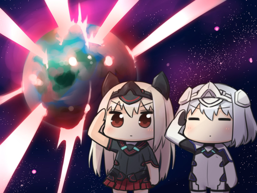 2girls black_shirt blonde_hair blue_hair chibi darius darius_burst earth_(planet) explosion highres ia_rehtona multiple_girls pilot_suit planet red_eyes red_skirt salute serizawa_enono shirt skirt space ti2