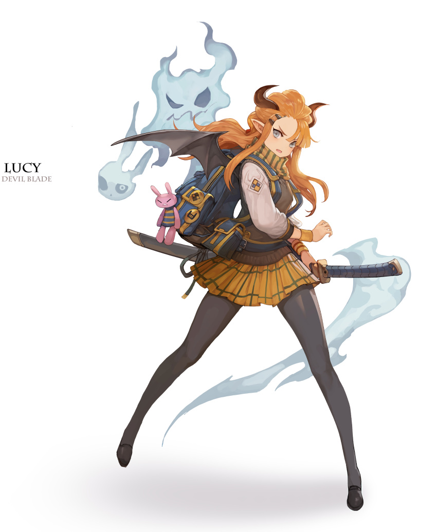 1girl absurdres backpack bag black_footwear black_legwear blue_bag buttons character_name commentary demon_horns demon_wings english_text fang gd_choco ghost grey_eyes hair_ornament hair_slicked_back hairclip highres holding holding_sheath holding_sword holding_weapon horns katana long_hair open_mouth orange_hair orange_skirt original pantyhose pointy_ears scabbard scarf school_uniform sheath sheathed simple_background skirt solo striped striped_clothes striped_scarf stuffed_animal stuffed_toy sword uniform weapon white_background wings zipper