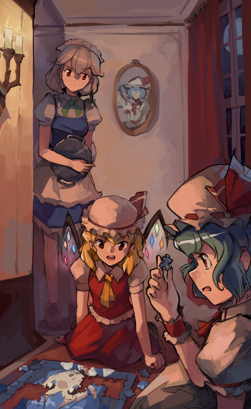 3girls absurdres arm_support blonde_hair blue_hair candle candlelight candlestand cirno commentary crystal english_commentary fire flame flandre_scarlet full_moon glowing glowing_wings hat hat_ribbon highres holding holding_tray huge_filesize indoors izayoi_sakuya kornod mob_cap moon multiple_girls night open_mouth picture_(object) portrait_(object) profile puzzle puzzle_piece red_ribbon red_skirt red_vest remilia_scarlet ribbon ribbon-trimmed_headwear ribbon_trim sconce siblings sidelocks silver_hair sisters sitting skirt skirt_set standing touhou tray vest window wings yellow_neckwear