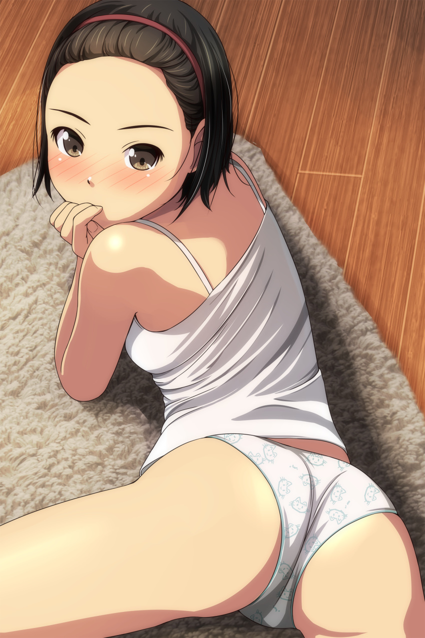 1girl absurdres animal_print ass bare_arms bare_shoulders black_hair blush breasts brown_eyes brown_hairband camisole cat_panties cat_print forehead from_behind hairband highres looking_at_viewer looking_back lying matsunaga_kouyou nose_blush on_stomach original panties print_panties small_breasts solo underwear underwear_only white_camisole white_panties wooden_floor