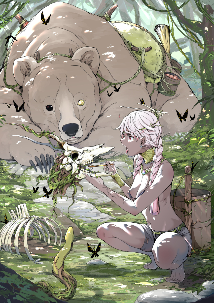 1girl barefoot bear bone braid breasts bucket bug butterfly chicke_iii dark_skin day earrings forest highres holding holding_skull holding_toothbrush insect jewelry medium_breasts nature navel necklace open_mouth original pink_hair plant red_eyes ribs rock saddle short_shorts shorts skull snake squatting toothbrush torn torn_clothes torn_shorts tree twin_braids veins vines witch