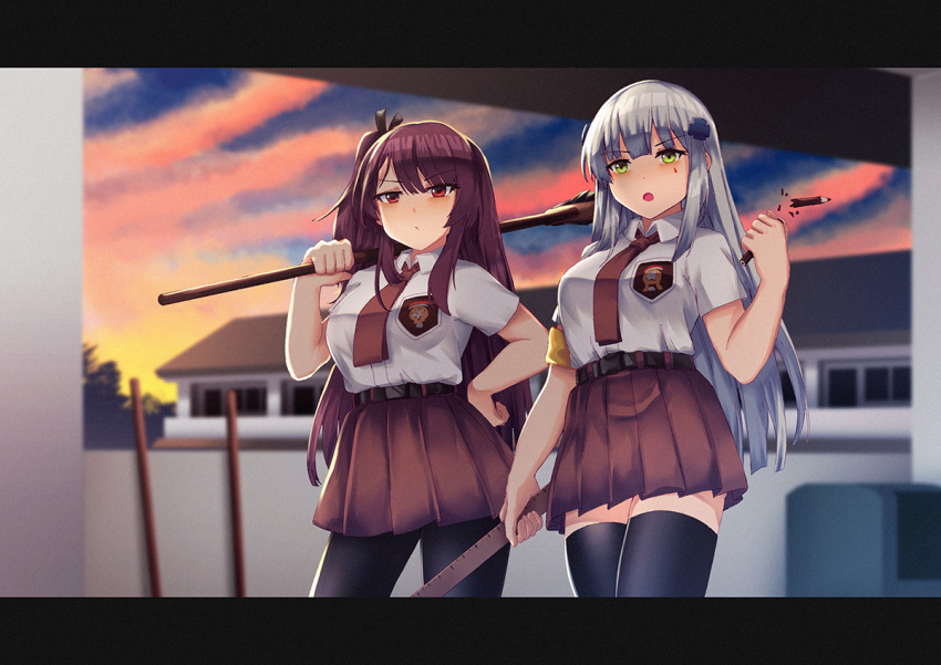 2girls breaking broken_pencil broom cloud commentary dawn english_commentary girls_frontline green_eyes hk416_(girls_frontline) multiple_girls necktie pantyhose pencil persocon93 purple_hair red_eyes ruler school school_uniform silver_hair thighhighs wa2000_(girls_frontline)