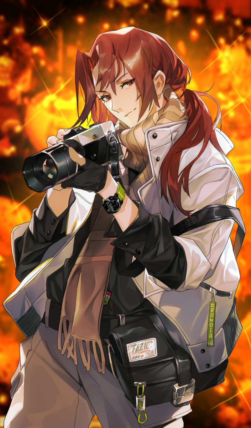 1boy absurdres alternate_costume alternate_hairstyle beige_pants black_gloves brown_eyes brown_hair brown_scarf camera cowboy_shot fate/grand_order fate_(series) fingerless_gloves georgios_(fate) gloves grandia_lee highres holding holding_camera jacket long_hair looking_at_viewer male_focus official_alternate_costume open_clothes open_jacket scarf smile solo tied_hair watch white_jacket wristwatch