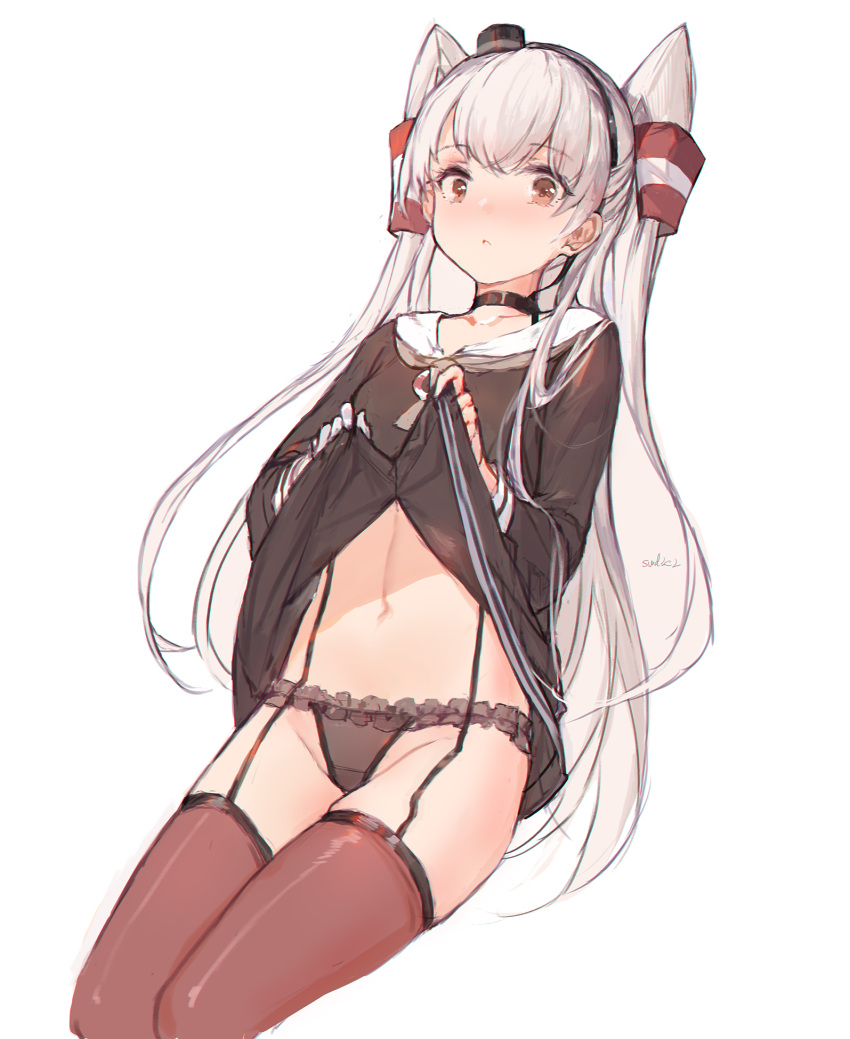 amatsukaze_(kancolle) kantai_collection pantsu seifuku skirt_lift stockings swd3e2 thighhighs