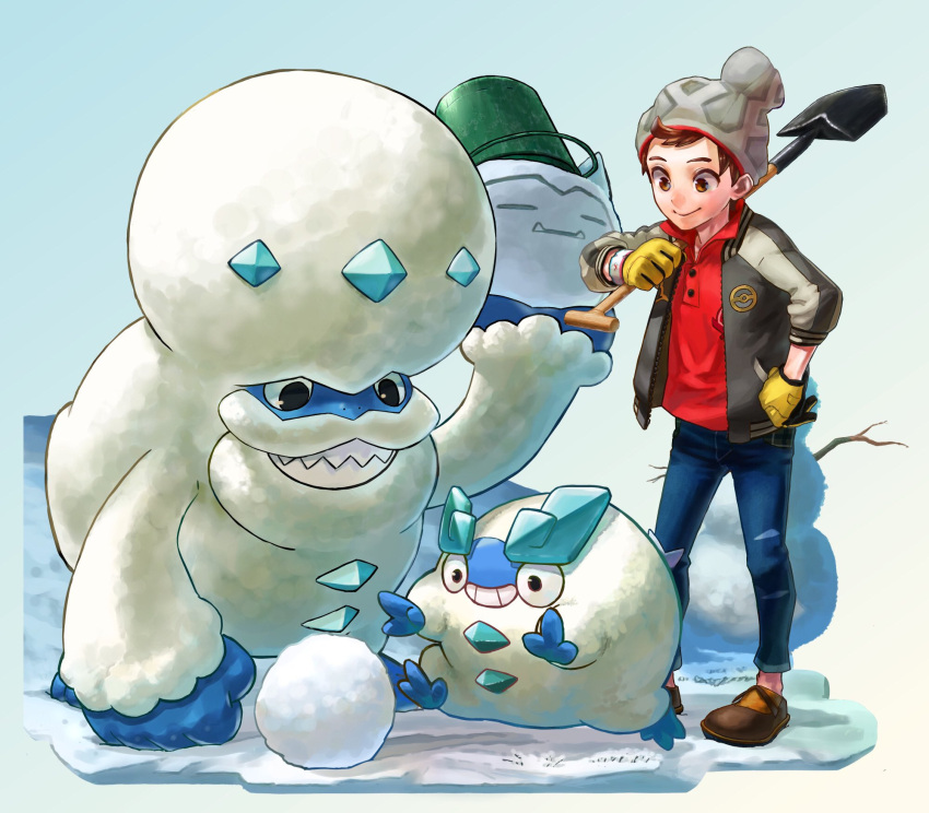 1boy 4o080_yotabnc beanie brown_eyes brown_footwear brown_hair bucket cable_knit darmanitan darumaka galarian_darmanitan galarian_darumaka galarian_form gen_1_pokemon gen_5_pokemon gen_8_pokemon gloves grey_headwear hat highres jacket pants pokemon pokemon_(creature) pokemon_(game) pokemon_swsh red_shirt shirt shoes shovel smile snorlax snow victor_(pokemon) yellow_gloves