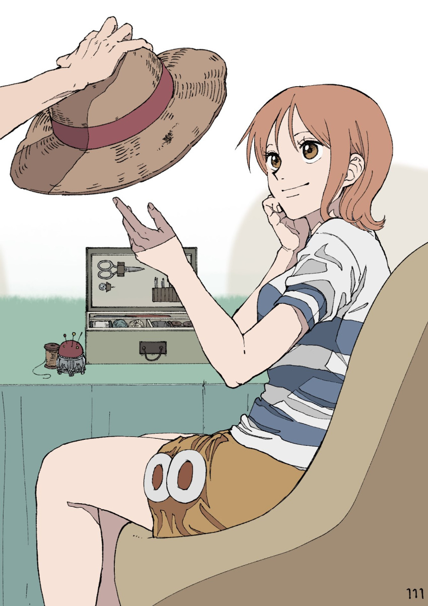 1boy 1girl bangs box breasts brown_eyes feet_out_of_frame hat hat_removed headwear_removed highres looking_at_another medium_breasts monkey_d_luffy muted_color nami_(one_piece) one_piece orange_hair parted_bangs shirt short_hair shorts smile solo_focus straw_hat ufkqz white_shirt yellow_shorts