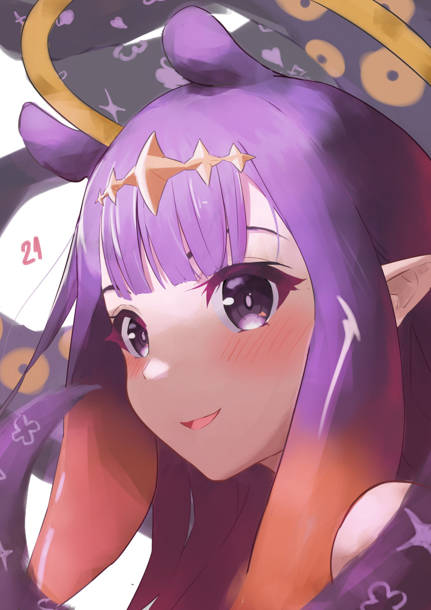 1girl absurdres bangs blush close-up eyebrows_behind_hair felipe_(felipehiroshi) halo highres hololive hololive_english looking_at_viewer monogram ninomae_ina'nis open_mouth pointy_ears purple_eyes purple_hair shoulders smile solo tentacle_hair tentacles virtual_youtuber white_background