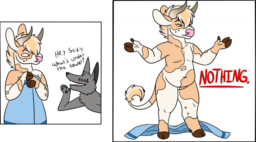 ambiguous_gender anthony_(goldiescales) anthro bovid bovine brown_hooves canid canine canis cattle clothing dialogue english_text goldiescales hooves horn male mammal navel nude pink_nose simple_background text towel trans_(lore) trans_man_(lore) undressing white_background wolf