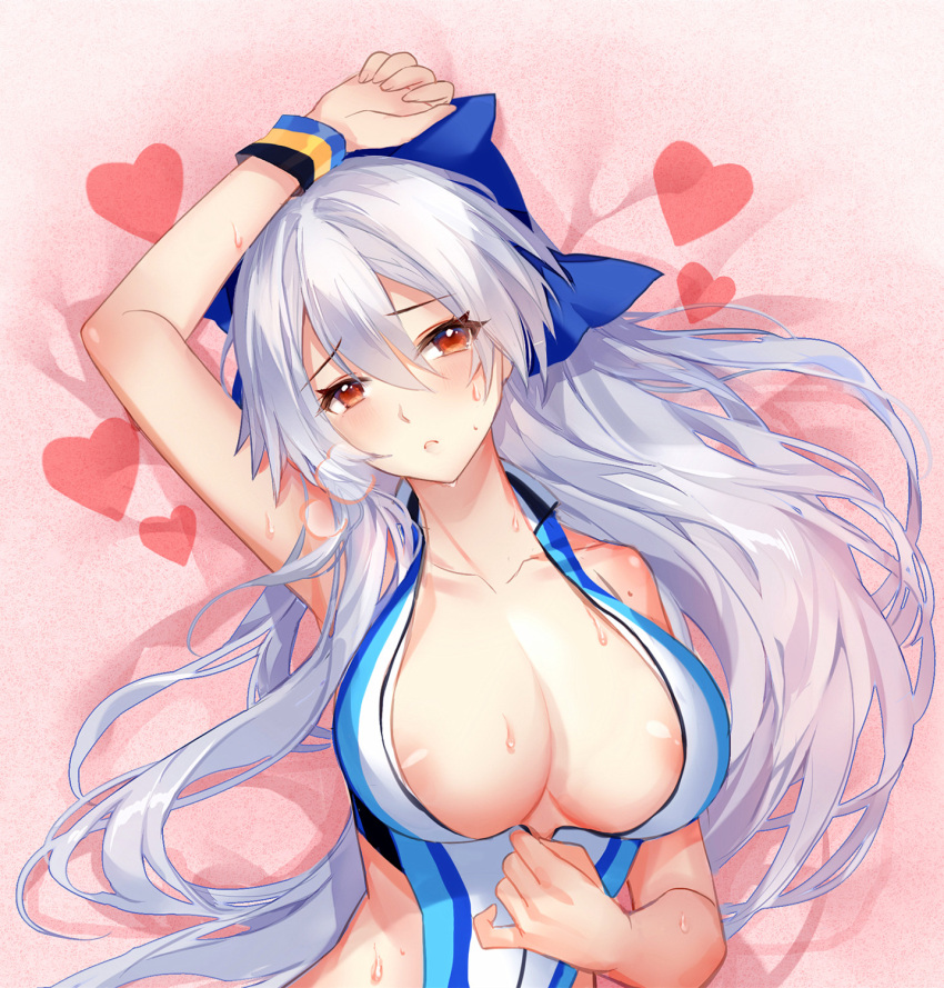 1girl areola_slip areolae arm_up armpits bare_shoulders bed_sheet blue_bow blush bow breasts casual_one-piece_swimsuit cleavage collarbone fate/grand_order fate_(series) from_above gekka_nanako hair_bow head_tilt heart highres large_breasts looking_at_viewer lying on_back on_bed one-piece_swimsuit parted_lips red_eyes silver_hair sweat sweatband swimsuit tomoe_gozen_(fate) tomoe_gozen_(swimsuit_saber)_(fate) upper_body