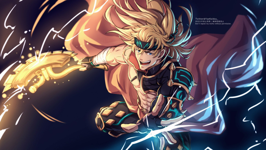 1boy abs axe bare_pecs blonde_hair blue_eyes chest_harness fate/grand_order fate_(series) feet_out_of_frame fighting_stance fingerless_gloves gloves harness headband heian_warrior_attire_(fate/grand_order) highres holding holding_axe igote lightning_bolt male_focus muscular muscular_male official_alternate_costume pectorals sakata_kintoki_(fate) short_hair single_bare_shoulder skindentation smile solo spiked_hair yaosan233