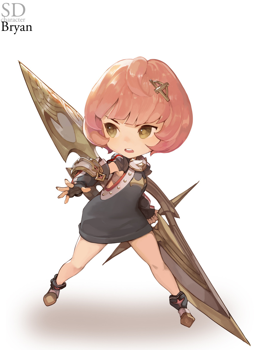 1girl absurdres armor black_dress black_gloves blade brown_eyes character_name chibi dress english_text fighting_stance fingerless_gloves fingernails gd_choco gloves hair_ornament highres holding holding_weapon open_mouth original short_hair solo teeth tongue upper_teeth weapon