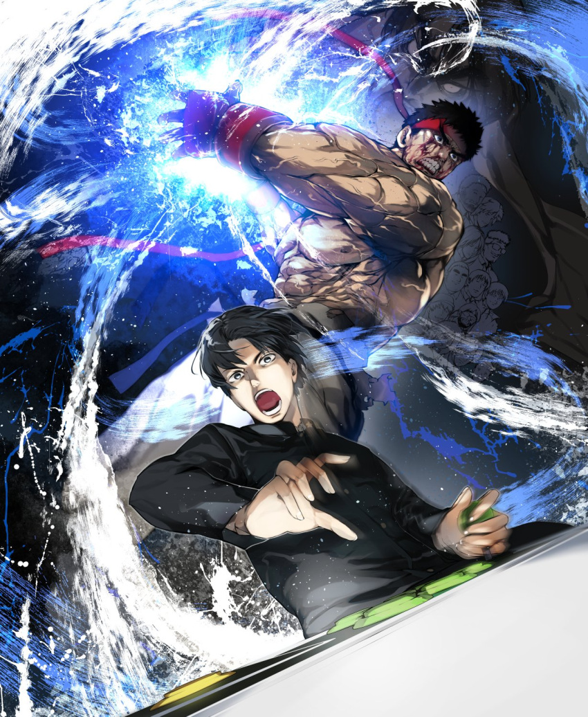 2boys abs black_hair blood blood_on_face character_request dougi energy_beam headband highres large_pectorals male_focus motion_blur multiple_boys muscular muscular_male nipples nishiide_kengorou pants ryu_(street_fighter) shirtless short_hair spiked_hair stomach street_fighter veins white_pants