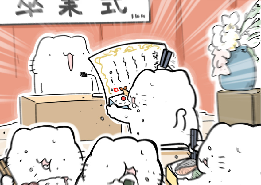 absurdres blurry blurry_foreground chopsticks commentary depth_of_field diploma eating fish food full_mouth graduation highres karameru microphone obentou onigiri open_mouth original podium shrimp shrimp_tempura tempura vase