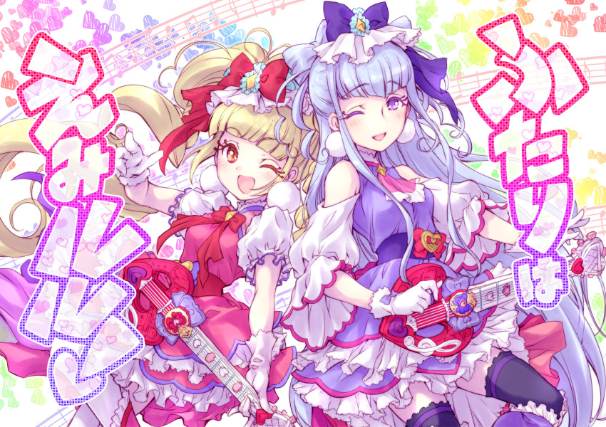 2girls :d aisaki_emiru bare_shoulders blonde_hair bow commentary_request cure_amour cure_macherie dress earrings fujieda_miyabi gloves guitar hair_bow highres hugtto!_precure instrument jewelry layered_dress long_hair looking_at_viewer magical_girl multiple_girls one_eye_closed open_mouth orange_eyes pink_dress pom_pom_(clothes) pom_pom_earrings precure puffy_short_sleeves puffy_sleeves purple_bow purple_dress purple_eyes purple_hair red_bow ruru_amour short_sleeves smile thighhighs thighs twintails white_gloves