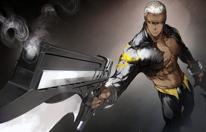 1boy abs black_pants buzz_cut dark_skin dark_skinned_male emiya_alter fate/grand_order fate_(series) feet_out_of_frame foreshortening gun highres holding holding_gun holding_weapon large_pectorals looking_at_viewer male_cleavage male_focus muscular muscular_male navel nishiide_kengorou pants short_hair shrug_(clothing) smoke solo stomach undercut very_dark_skin very_short_hair weapon weapon_request white_hair
