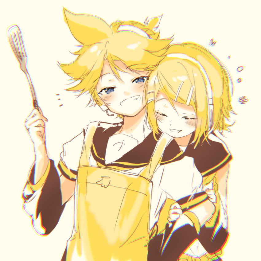 1boy 1girl apron arm_warmers banana_print bangs bass_clef black_collar black_sleeves blonde_hair blue_eyes chromatic_aberration closed_eyes collar grin hair_ornament hairclip hand_up hands_on_another's_arm head_on_another's_shoulder headphones headset highres holding holding_spatula kagamine_len kagamine_rin looking_at_viewer oyamada_gamata sailor_collar school_uniform shirt short_hair short_ponytail short_sleeves smile spatula spiked_hair swept_bangs upper_body vocaloid white_shirt yellow_apron yellow_neckwear
