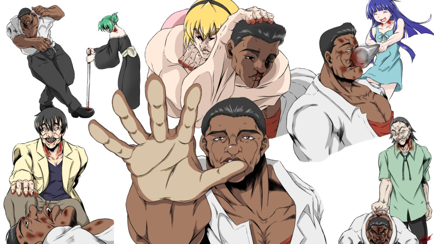 3boys 3girls akasaka_mamoru artist_request baseball_bat blonde_hair character_request choke_hold cosplay dark_skin death furude_rika grappler_baki green_hair highres higurashi_no_naku_koro_ni hoshi_souichirou katana kimiyoshi_kiichirou maebara_keiichi maebara_keiichi_(cosplay) multiple_boys multiple_girls murder muscular outstretched_hand palm parody seiyuu_connection sonozaki_akane strangling style_parody sword weapon