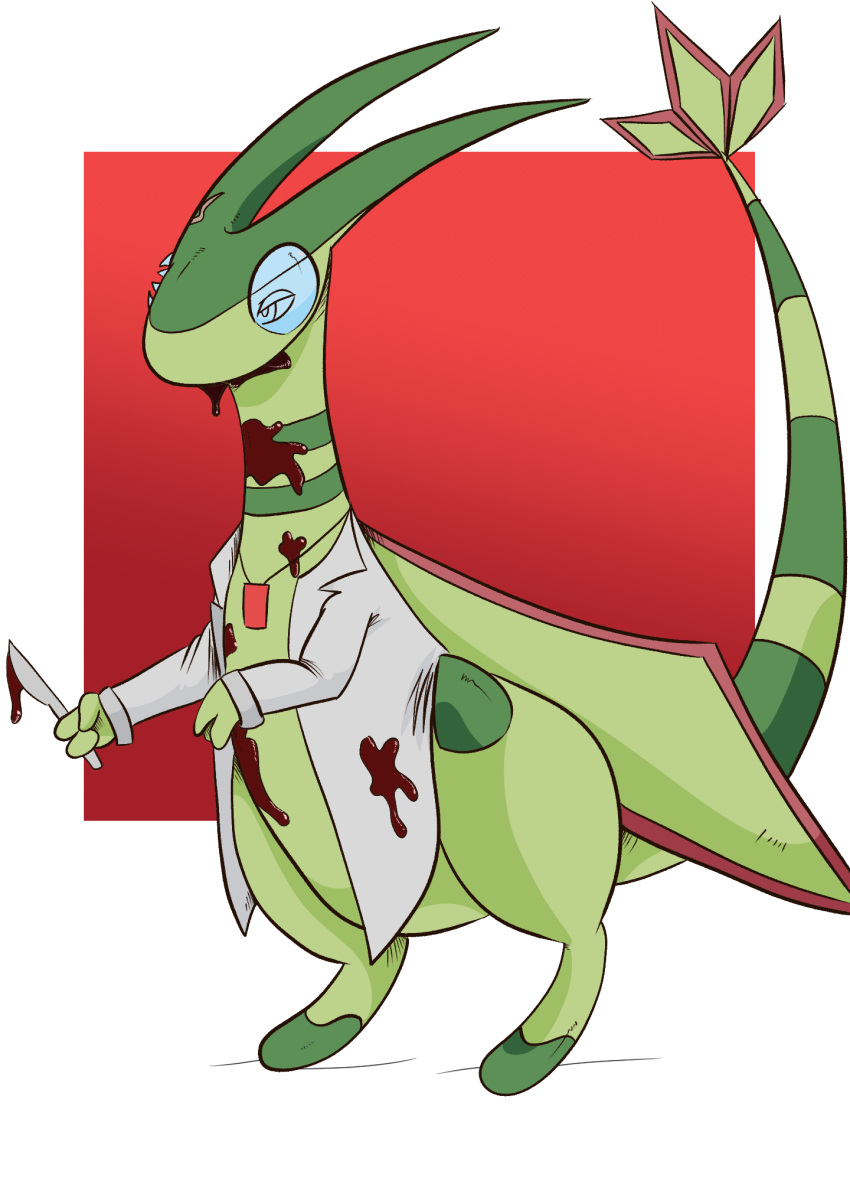 blood blue_eyes bodily_fluids broken card claws clothed clothing coat digital_media_(artwork) digitigrade dragon eye_scar facial_scar fan_character female feral fin flygon friede_(flygon) gore green_body green_skin hi_res horn id_card lab_coat lens medical_instrument membrane_(anatomy) membranous_wings nintendo pok&eacute;mon pok&eacute;mon_(species) reptile scalie scar scientific_instrument simple_background solo striped_neck striped_tail stripes tail_fin teppo24 topwear video_games white_background wings
