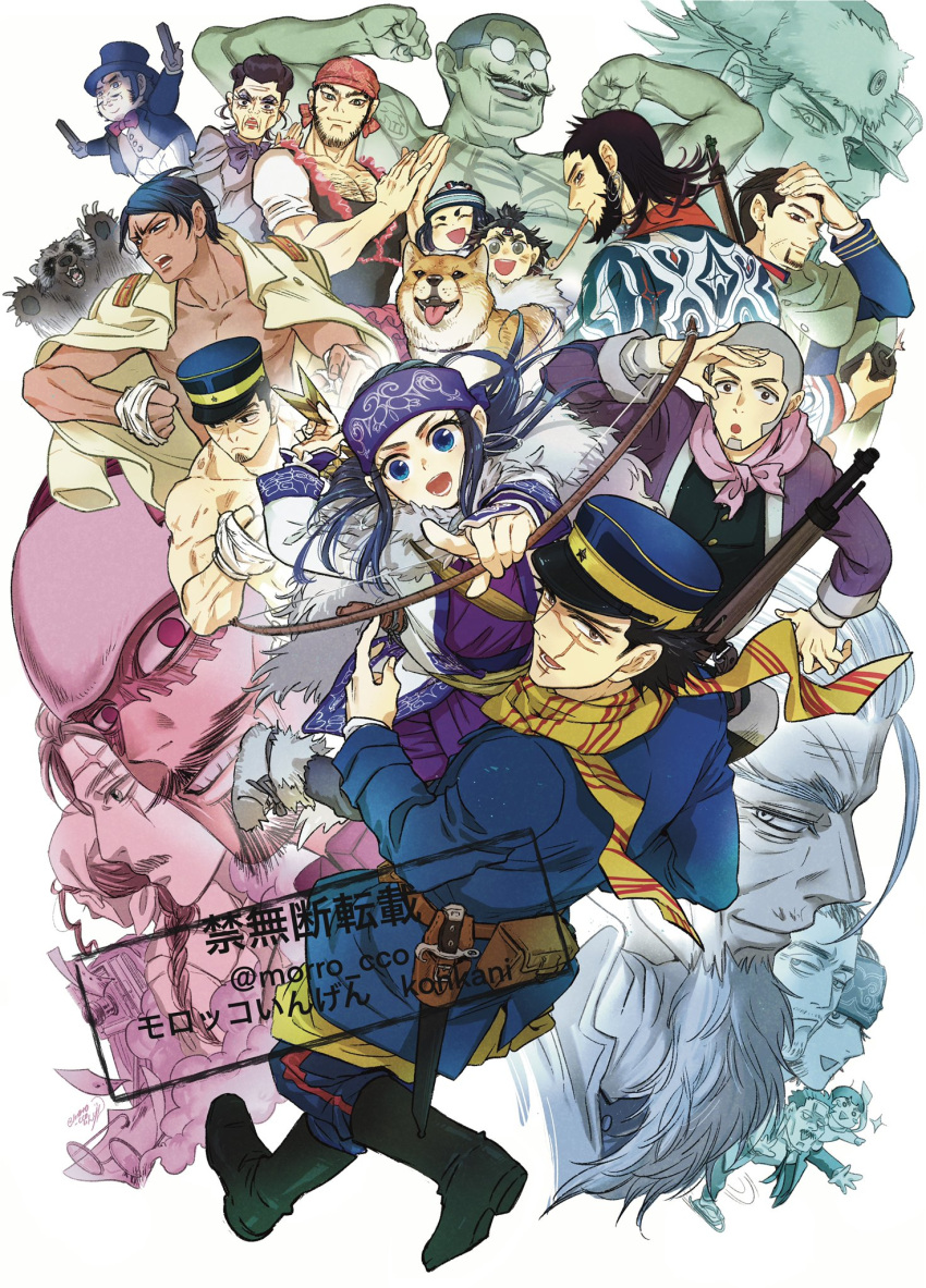 4girls 6+boys :d ainu_clothes artist_name asirpa beard bomb boots bow bow_(weapon) braid buzz_cut camera character_request cikapasi circusman_yamada_(golden_kamuy) clenched_hand dog enonoka envelope everyone facial_hair facial_mark flexing forehead_mark forehead_protector formal fur_boots gansoku_maiharu golden_kamuy grey_hair gun hanazawa_yusaku hat highres hijikata_toshizou_(golden_kamuy) jacket jacket_on_shoulders kepi kirawus_(golden_kamuy) kiroranke koito_otonoshin lipstick long_hair looking_at_viewer looking_back makeup military_hat morrocco_koingen multiple_boys multiple_girls muscular ogata_hyakunosuke old old_man old_woman open_mouth pointing pose purple_bandana purple_bow red_bandana rifle ryu_(golden_kamuy) scar scar_on_cheek scar_on_face scar_on_forehead scarf shiraishi_yoshitake shirtless short_hair sideburns smile sofia_(golden_kamuy) sugimoto_saichi suit tanigaki_genjirou tattoo tsukishima_hajime tsurumi_tokushirou tutu ushiyama_tatsuma vasily_(golden_kamuy) very_short_hair vest watermark weapon wilk_(golden_kamuy) yamada_fumie