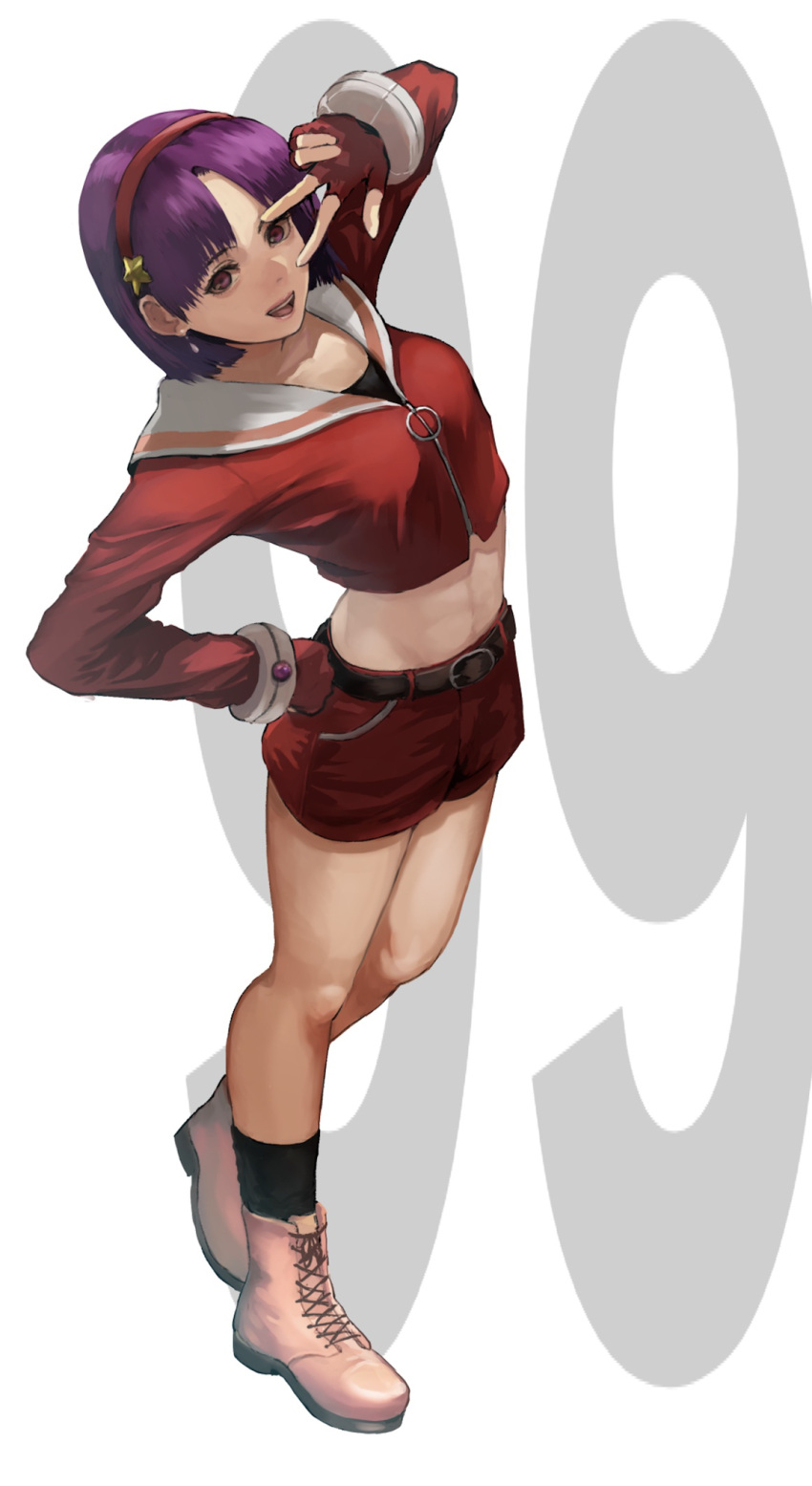 1girl arm_up asamiya_athena bangs belt closed_mouth earrings fingerless_gloves full_body gauss_&lt;bokashi gloves hairband hand_on_hip highres jewelry long_sleeves looking_at_viewer number one_eye_closed purple_eyes purple_hair red_gloves red_shorts salute sample shoes short_hair shorts simple_background smile socks solo star_ornament the_king_of_fighters the_king_of_fighters_'99 white_background white_footwear