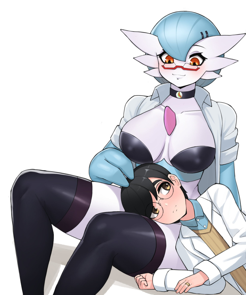 1boy 1girl absurdres alternate_color black_bra black_choker black_hair black_legwear blue_hair blue_skin bob_cut bra breasts brown_eyes choker coat colored_skin donburi_(donburikazoku) dot_nose dr._voir eyelashes gardevoir gen_3_pokemon glasses hair_ornament hairclip highres jewelry labcoat large_breasts mega_stone navel open_clothes open_coat pokemon pokemon_(creature) pokemon_(game) red-framed_eyewear red_eyes ring semi-rimless_eyewear shiny shiny_clothes shiny_hair shiny_skin smile teacher_and_student thick_thighs thighhighs thighs underwear white_background white_coat