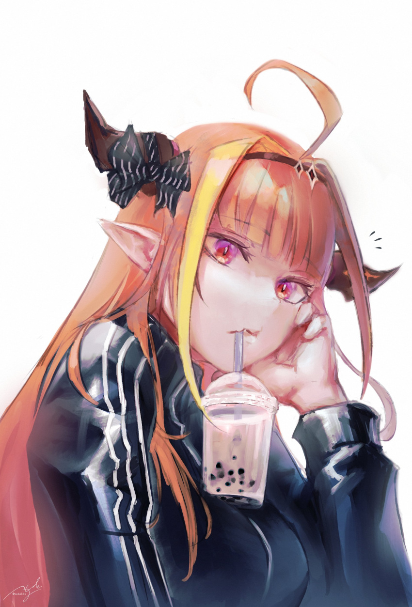 1girl absurdres ahoge alternate_costume bangs black_jacket blonde_hair bow bubble_tea_challenge cup dragon_girl dragon_horns drinking_straw eyebrows_visible_through_hair hand_on_own_face head_rest headband highlights highres hololive horn_bow horns jacket kiryuu_coco long_hair long_sleeves looking_at_viewer mr.holmes multicolored multicolored_eyes multicolored_hair orange_hair pointy_ears purple_eyes red_eyes signature simple_background slit_pupils solo streaked_hair striped striped_bow track_suit virtual_youtuber white_background
