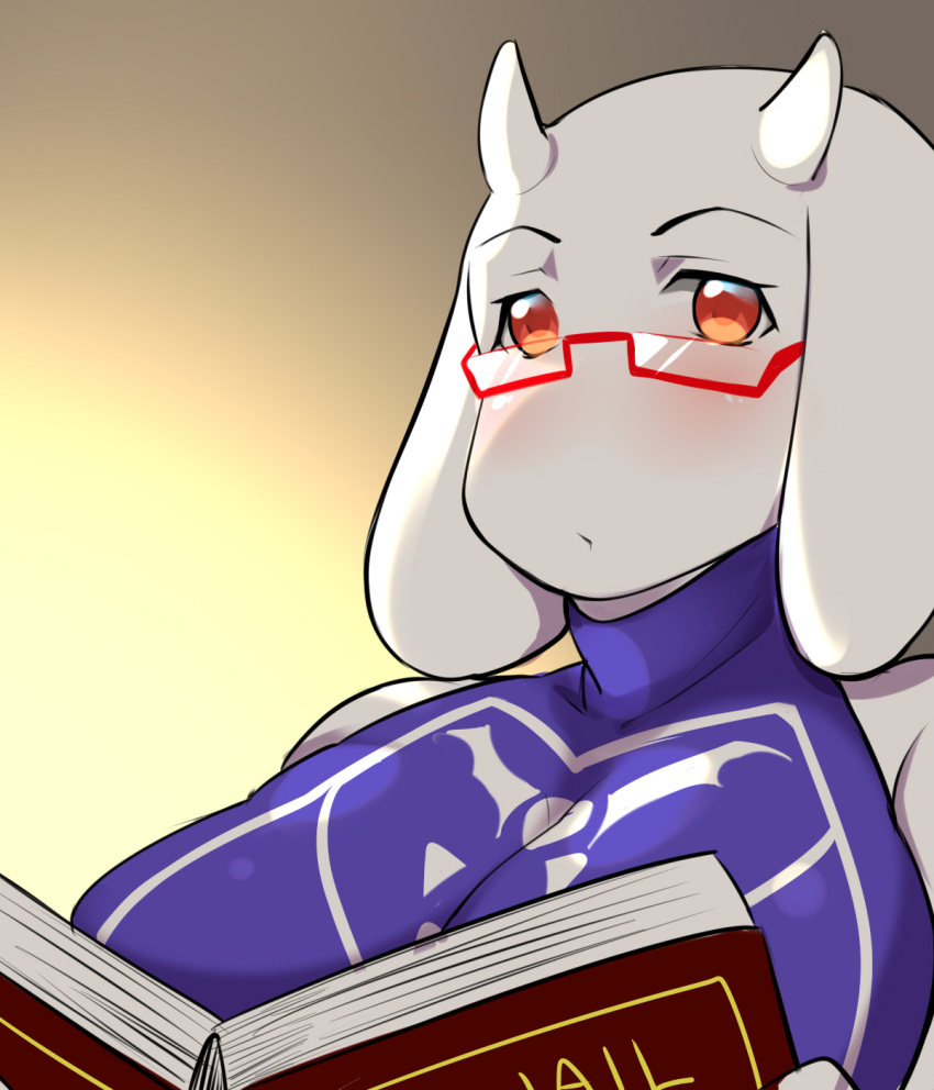 2016 anthro big_breasts blush book bovid breasts caprine clothing dodomir23 eyewear female fur glasses goat gradient_background hi_res looking_at_viewer mammal mature_female purple_clothing red_eyes red_eyewear red_glasses simple_background solo toriel undertale video_games white_body white_fur