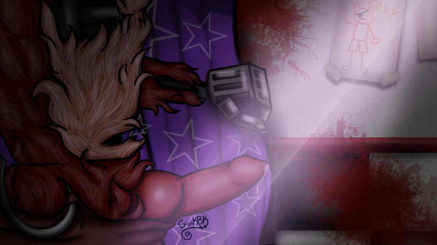 animal_genitalia animal_humanoid animal_penis animatronic anthro blood bodily_fluids bottomwear brown_bottomwear brown_clothing brown_pants canid canid_humanoid canine clothed clothing ejaculation erection five_nights_at_freddy's fox foxy_(fnaf) fur genital_fluids genitals gigakbk hi_res hook hook_hand humanoid knot machine male mammal mammal_humanoid metal metal_hand pants pants_down partially_clothed penis precum red_body red_fur robot signature solo vein veiny_penis video_games