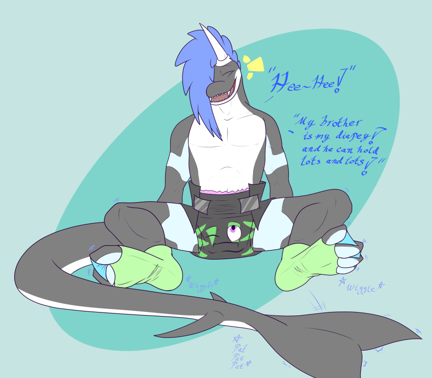 4_toes absurd_res animate_inanimate anthro cetacean clothing delphinoid diaper diaper_creature diaper_transformation duo english_text feet footwear hi_res lonegreenorcacalf male mammal marine oceanic_dolphin orca socks text toes toothed_whale