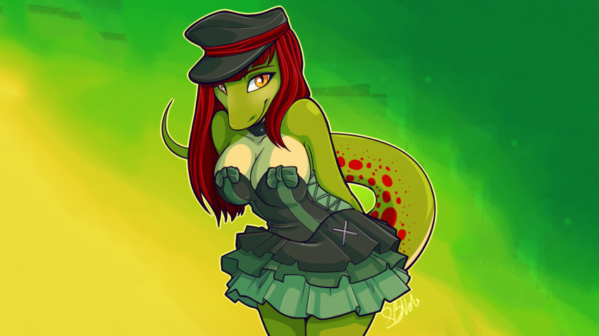 anthro breasts chloe_(chloe.hydraconis) cleavage clothed clothing dress female frilly frilly_clothing frilly_dress hair hat headgear headwear lizard non-mammal_breasts reptile scalie signature simple_background solo strawberryneko