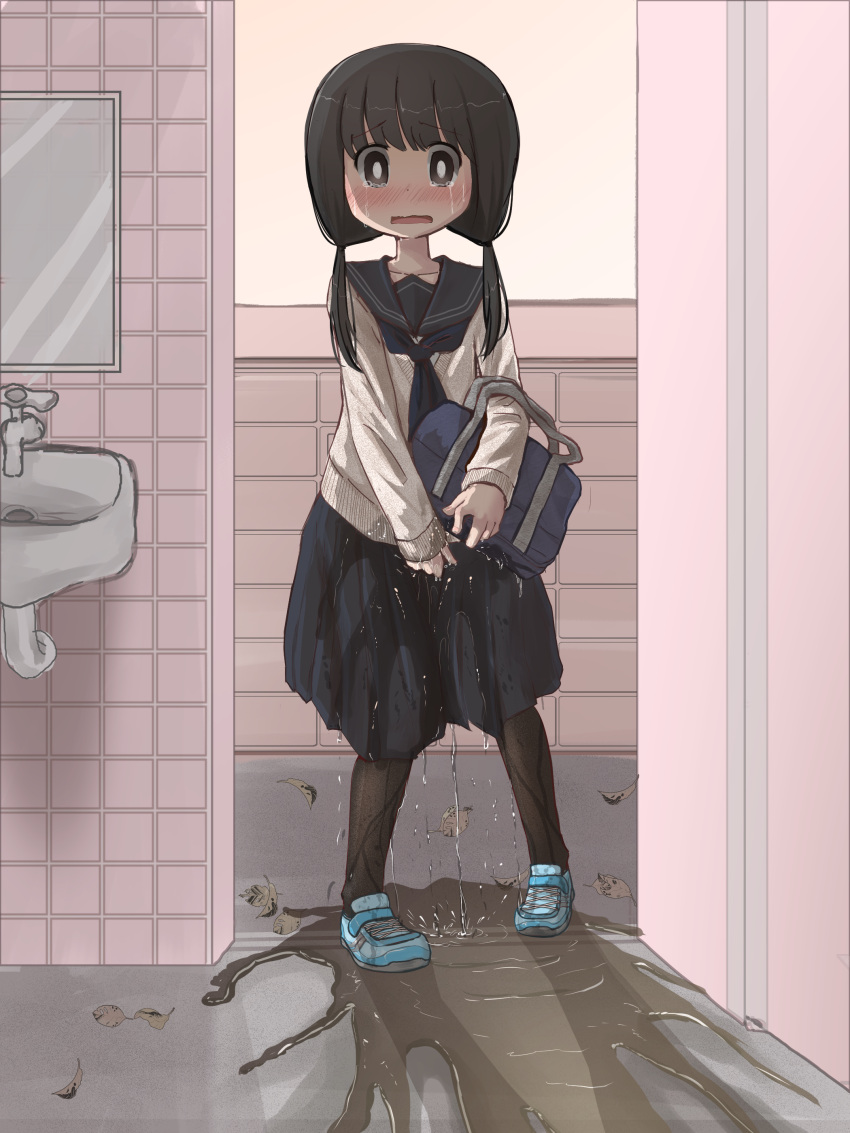 1girl absurdres bag bangs bathroom between_legs black_hair black_legwear black_sailor_collar blue_footwear blue_neckwear blue_skirt blush brown_eyes collarbone commentary_request cross-laced_footwear crying crying_with_eyes_open door embarrassed eyebrows_visible_through_hair faucet flat_chest full_body hair_tie hand_between_legs highres holding holding_bag indoors leaf long_hair long_sleeves mirror neckerchief nose_blush open_mouth original pantyhose pee peeing peeing_self pleated_skirt puddle sailor_collar school_uniform serafuku shiny shiny_hair shoes sink skirt solo standing sunset sweat sweater tawasiupa tears tied_hair twintails wavy_mouth wet wet_clothes white_sweater wide-eyed