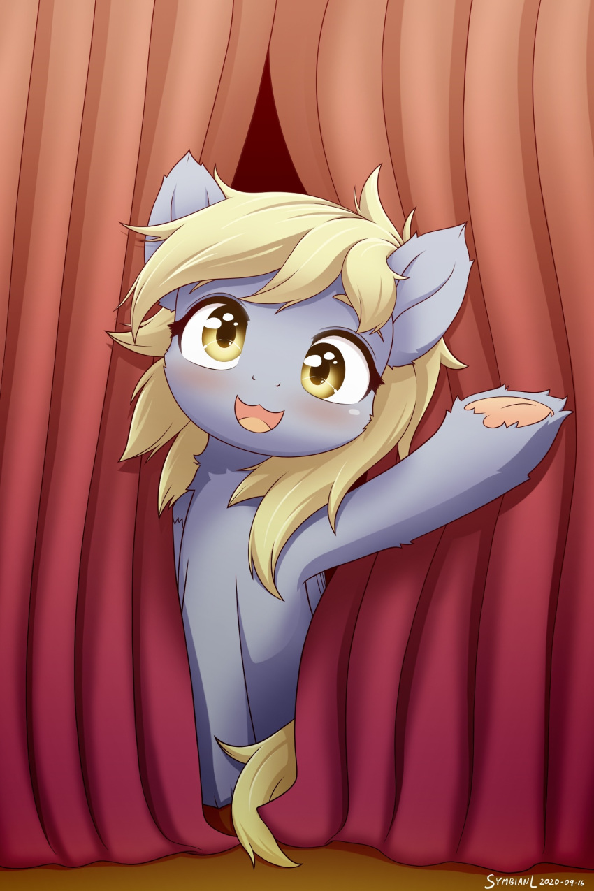 2020 absurd_res blonde_hair blush curtains derp_eyes derpy_hooves_(mlp) digital_media_(artwork) equid female feral friendship_is_magic hair hasbro hi_res hooves looking_at_viewer mammal my_little_pony open_mouth open_smile smile solo symbianl underhoof yellow_eyes