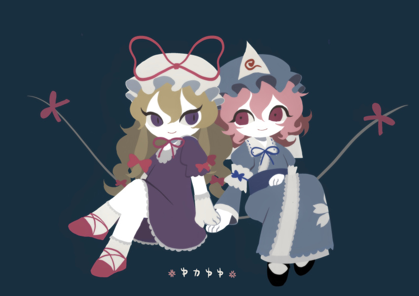 2girls absurdres bangs black_footwear blonde_hair blue_headwear blue_kimono bow chibi choker closed_mouth collar crossed_legs dou_(doudouzi) dress floating floral_print friends frilled_collar frilled_dress frilled_footwear frills gap_(touhou) gloves hair_between_eyes hair_bow hand_on_another's_hand hand_on_lap hat hat_ribbon highres japanese_clothes kimono long_hair looking_at_another looking_to_the_side magenta_eyes mob_cap multiple_girls neck_ribbon obi pink_hair platform_footwear purple_dress purple_eyes red_ribbon ribbon ribbon-trimmed_collar ribbon_choker ribbon_trim saigyouji_yuyuko sash short_sleeves side-by-side sidelocks simple_background sitting slit_pupils smile touhou triangular_headpiece veil very_long_hair white_headwear yakumo_yukari